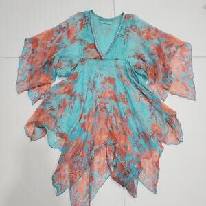 Y2K Fairy Grunge Marciano Top Women Large Turquoise Pink Sheer Flowy Metallic
